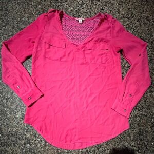 Candies Womens Hot Pink Lace Yoke Roll Tab Long Sleeve Blouse Top Small RN73277